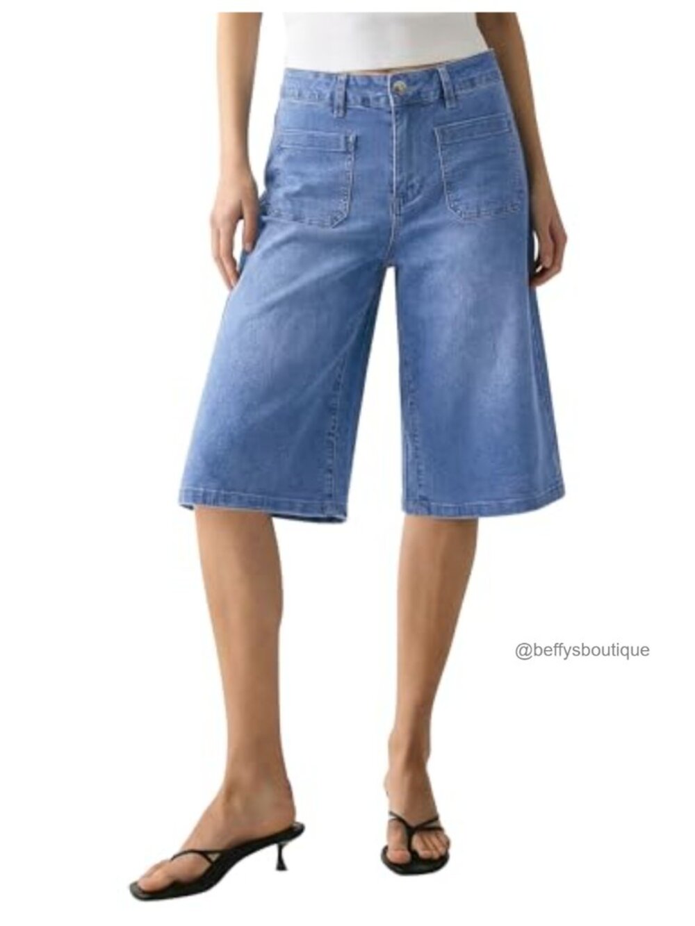 Wide Leg Capri Jeans High Waisted Stretch Denim Patch Pockets